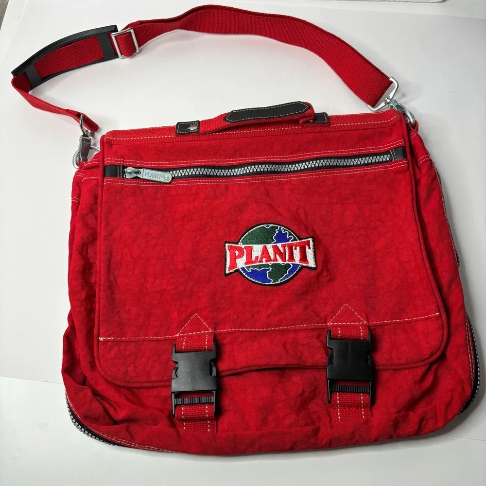 PLANIT Red Nylon Messenger Bag Retro Y2K Multi Pocket Crossbody Techwear